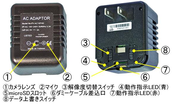 フルHD1080P対応ACアダプター型自動録画ビデオカメラ　RE-12FHDの各部名称