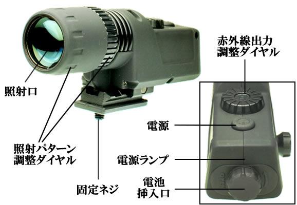 近中距離用準不可視赤外線投光器(赤外線照射器)　Pulsar IR-940の各部名称