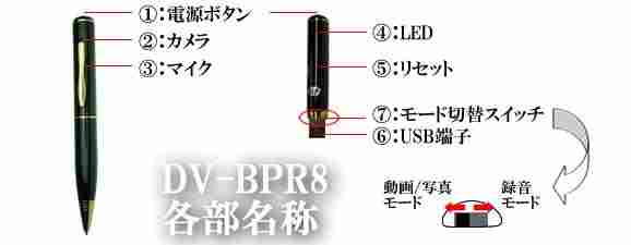 高画質動画・静止画対応ボールペン型ビデオカメラ　DV-BPR8の各部名称