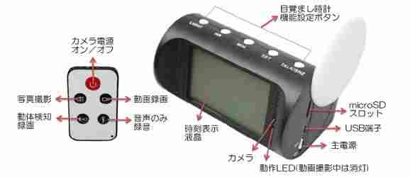 バッテリで高画質連続3時間録画の目覚まし時計型ビデオカメラ　ニューモデル　CN-ALM45の各部名称