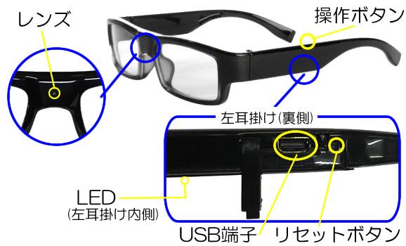 目線で撮れる！ハイビジョン対応の黒縁メガネ型ビデオカメラ　CN-GLS04HDⅡの各部名称