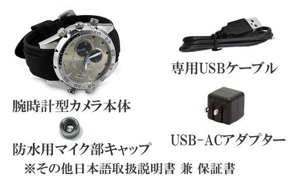 暗視・防水対応1080pで長時間駆動　腕時計型ビデオカメラ　CN-IR1000Wの基本セット内容