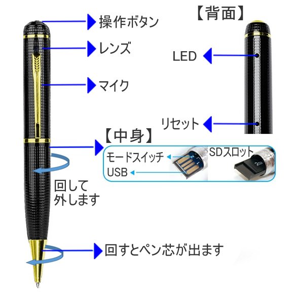 フルHD録画対応ボールペン型スパイカメラ　CN-PEN45の各部名称