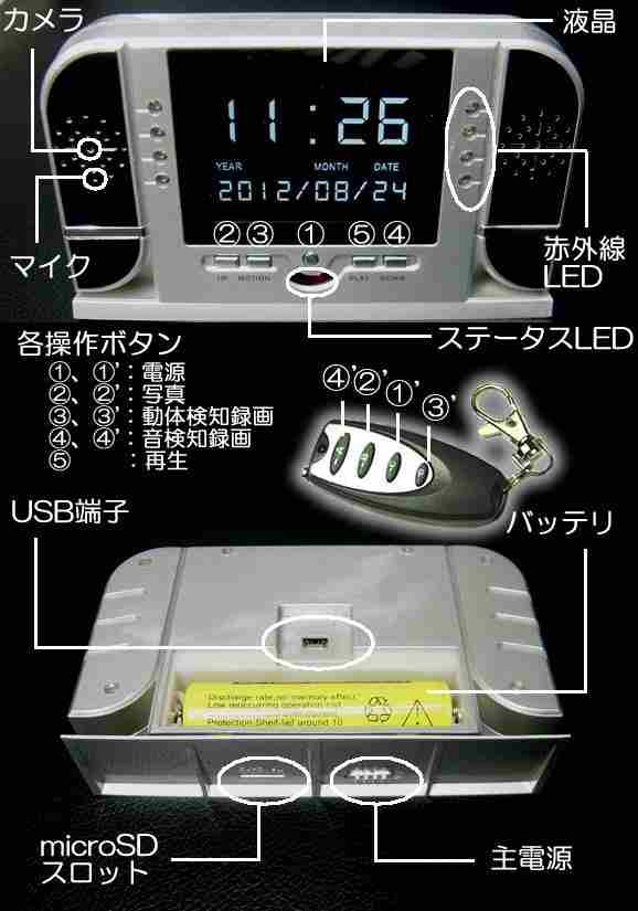 PCなしで液晶画面で再生・削除ができる！暗視機能搭載デジタル置時計型自動録画ビデオカメラ　CN-TCL01の各部名称