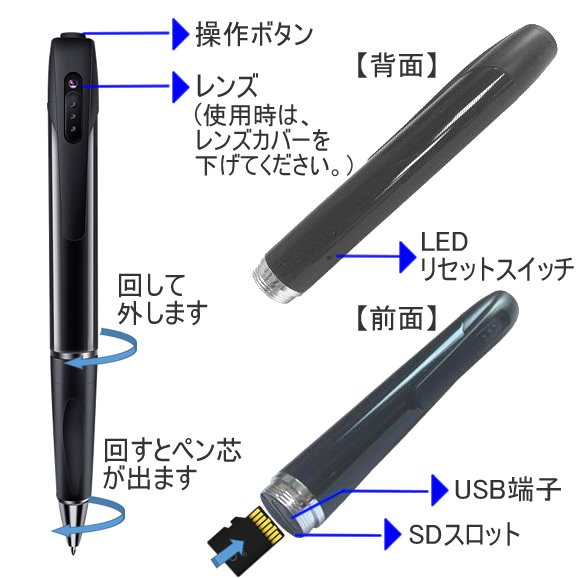 フルHDで150分録画のボールペン型スパイカメラ　CN-W8の各部名称