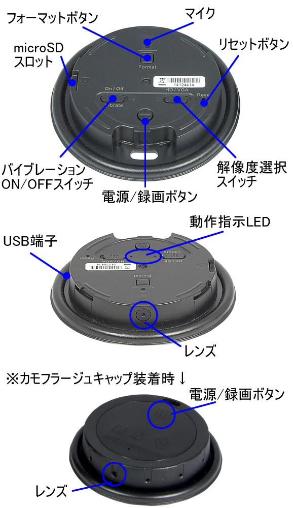 ハイビジョン対応ポリスカム　コーヒーカップフタ偽装型デジタルビデオカメラ　PC-550Gの各部名称