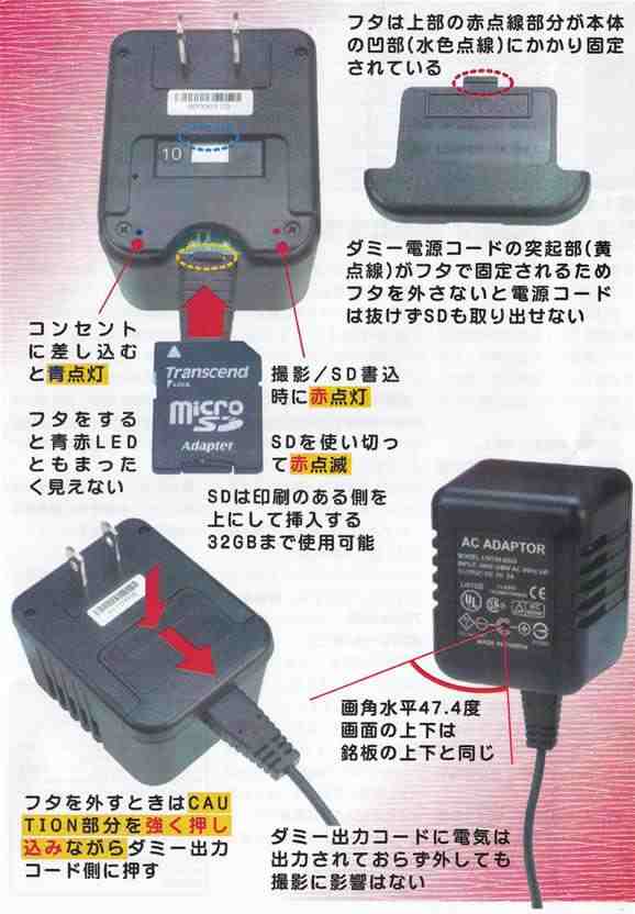 動体検知録画機能搭載　ACアダプター型ビデオカメラ　RE-12Sの各部名称